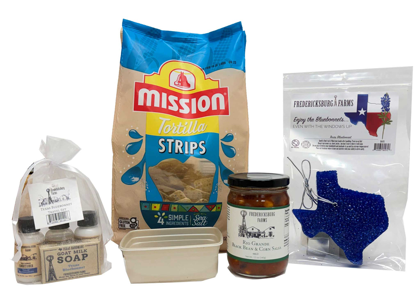 Assorted products including tortilla strips, soap, and a jar of sauce on a white background