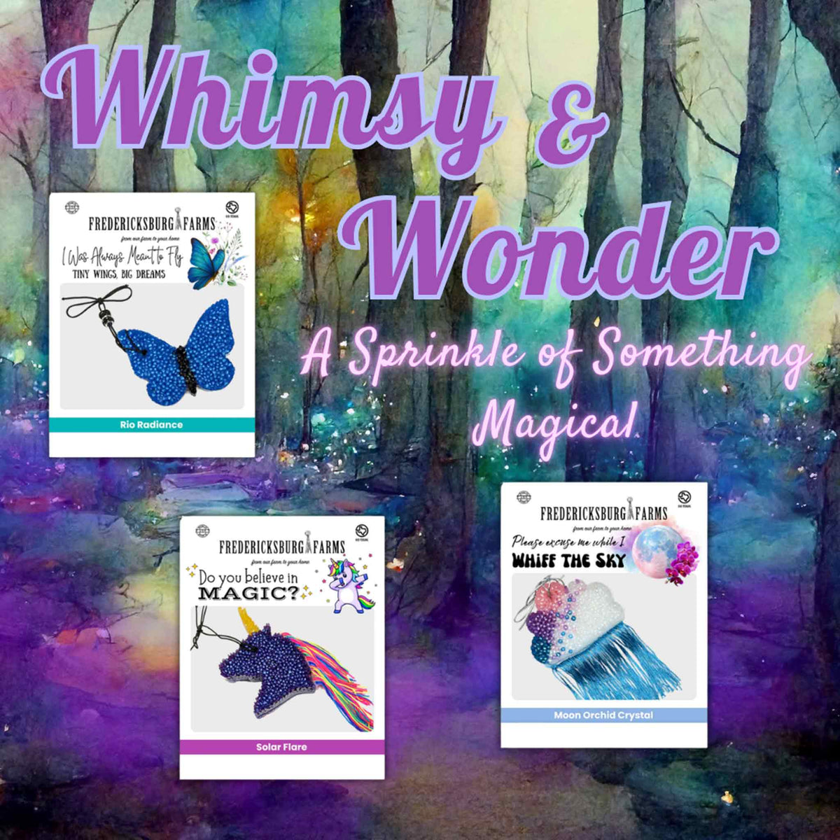 A promotional graphic for 'Whimsy & Wonder: A Sprinkle of Something Magical!' featuring three craft kit booklets from Fredericks Flaws arranged on a colorful, mystical forest background. The booklets show blue butterfly, unicorn, and mermaid-themed designs with purple and pink title text.