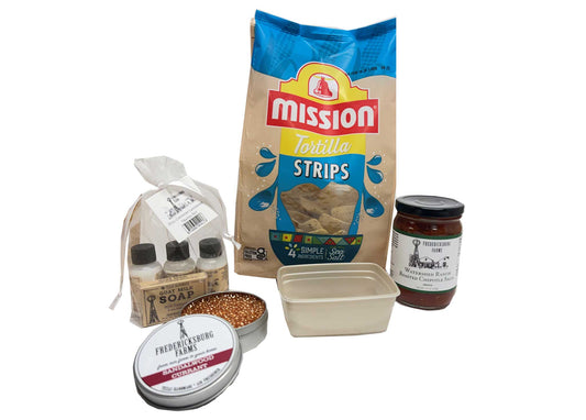 Collection of various products including a bag of Mission tortilla strips on a white background