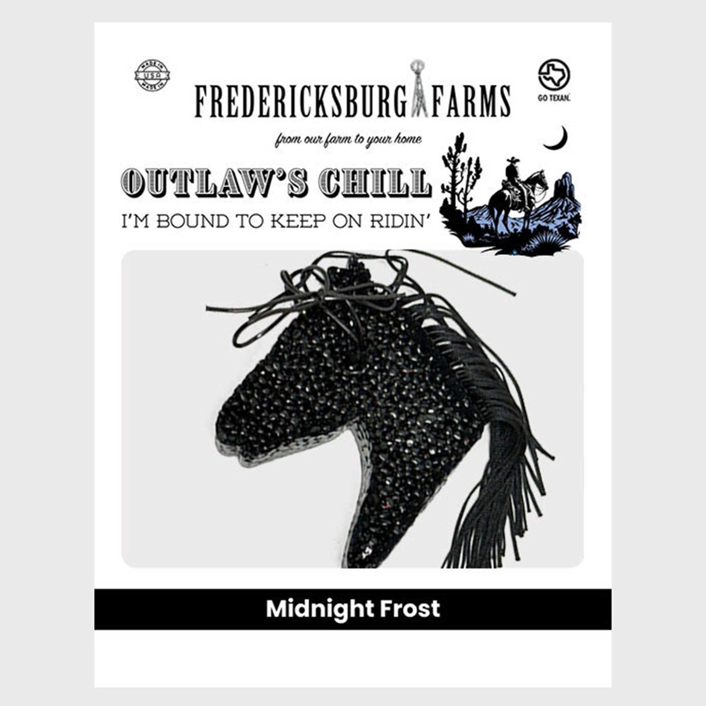 Product packaging for 'Outlaw's Chill' from Fredericksburg Farms with a horse illustration on a white background.
