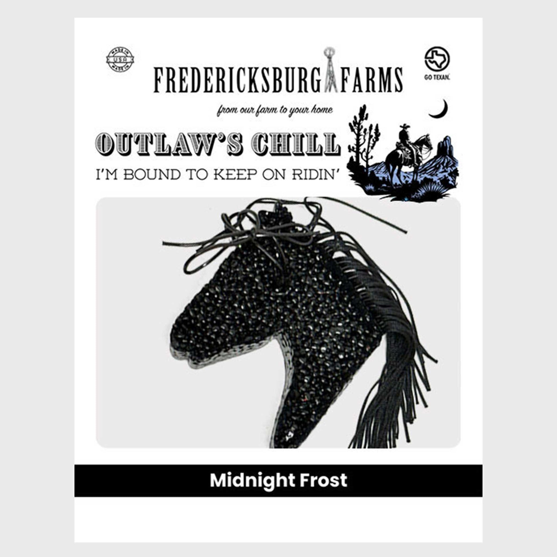 Product packaging for 'Outlaw's Chill' from Fredericksburg Farms with a horse illustration on a white background.