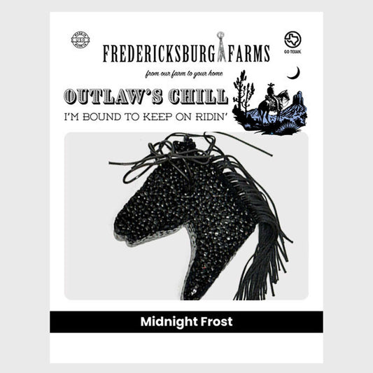 Product packaging for 'Outlaw's Chill' from Fredericksburg Farms with a horse illustration on a white background.