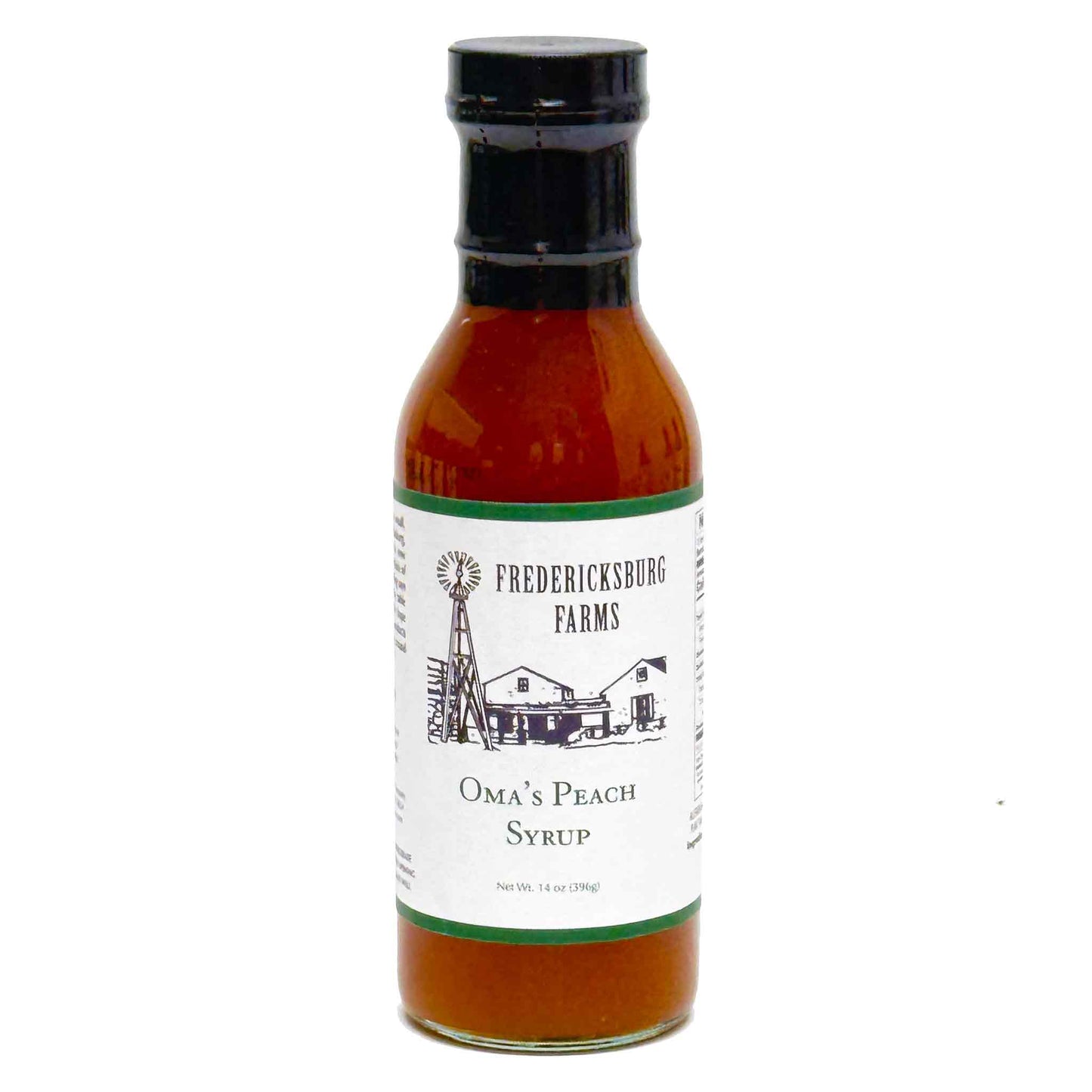 Bottle of Fredericksburg Farms Oma's Peach Syrup on a white background