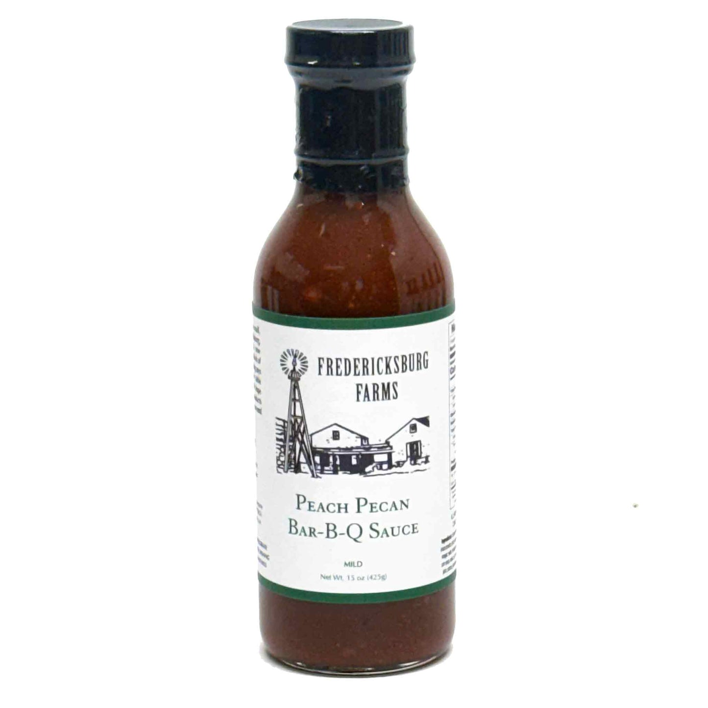 bottle of peach pecan BBQ sauce on white background