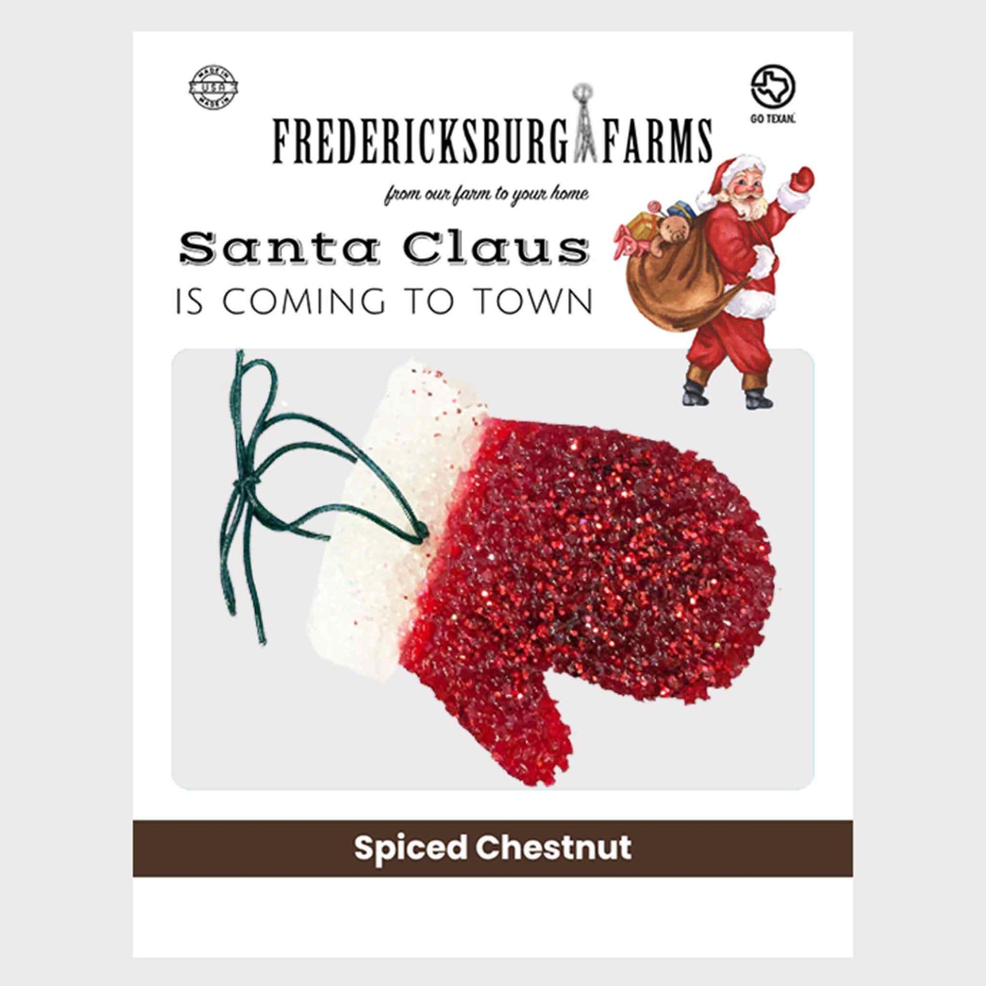 Fredericksburg Farms Santa Claus is Coming to Town spiced chestnut sugar cookie dough recipe card or package front, featuring a red and white Christmas stocking illustration and a Santa Claus graphic on a white background.
