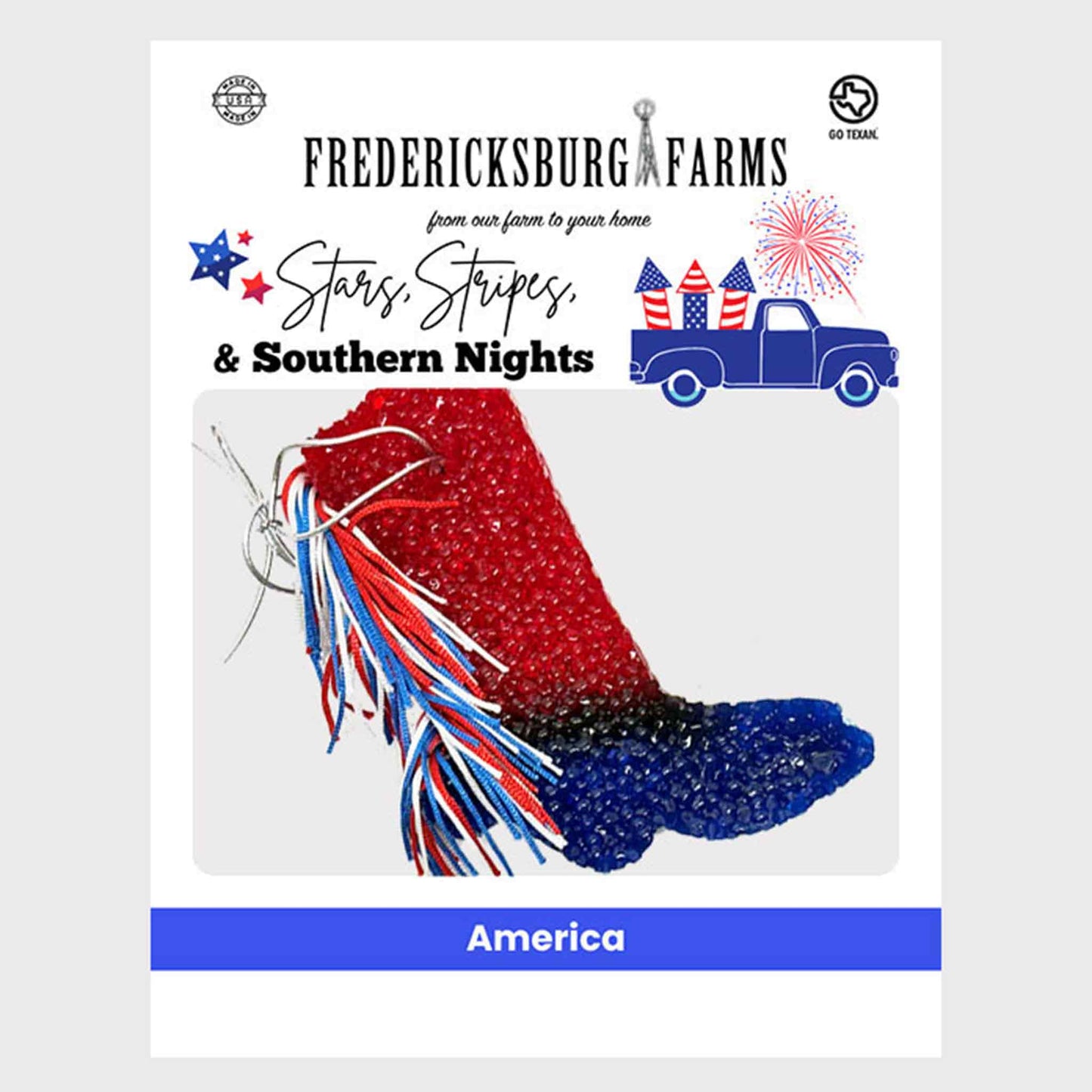 A product card for 'Fredericksburg Farms Stars, Stripes & Southern Nights' featuring a patriotic red, white, and blue beaded boot design with dangling tassels, alongside decorative stars, a blue pickup truck, fireworks, and the word 'America' at the bottom.