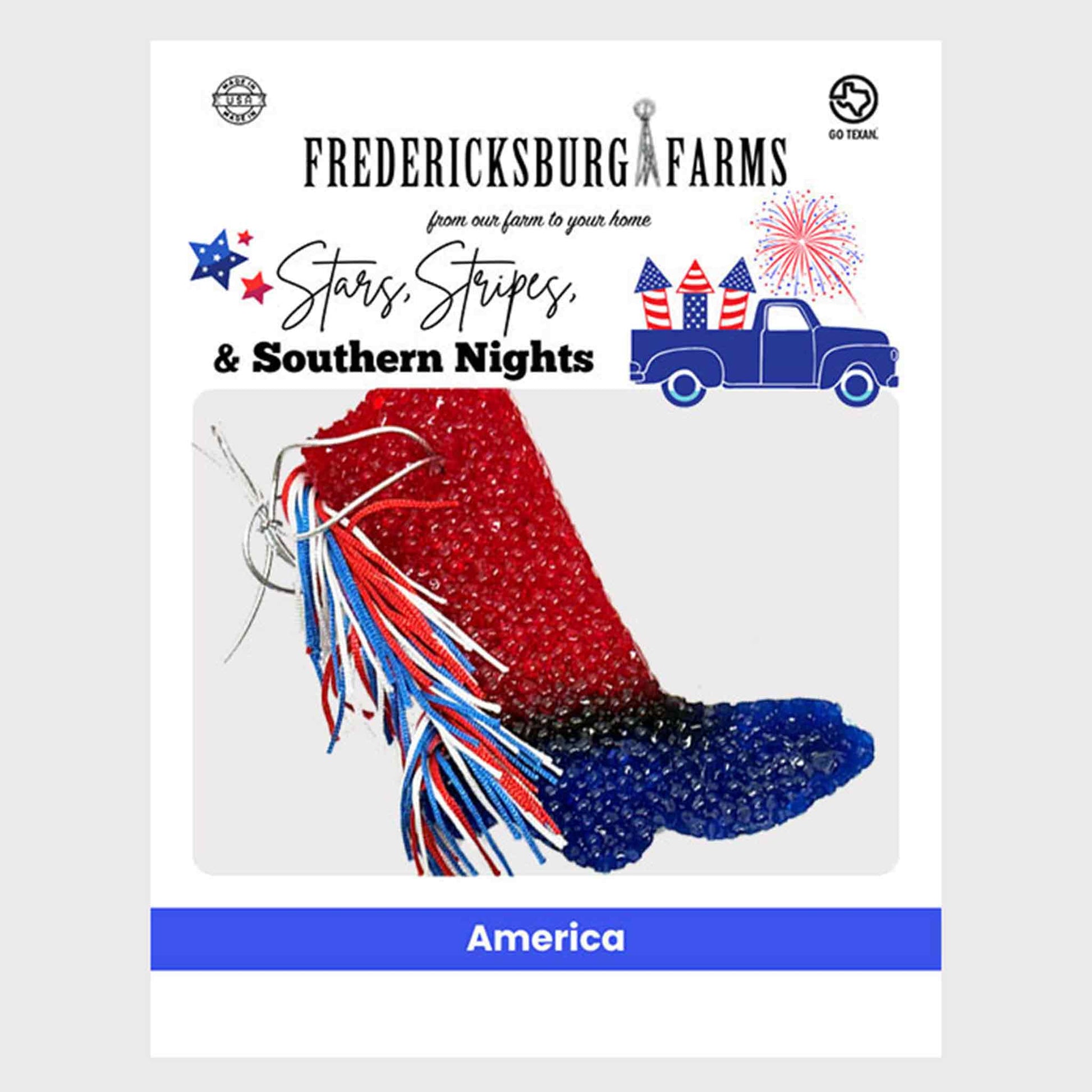 A product card for 'Fredericksburg Farms Stars, Stripes & Southern Nights' featuring a patriotic red, white, and blue beaded boot design with dangling tassels, alongside decorative stars, a blue pickup truck, fireworks, and the word 'America' at the bottom.