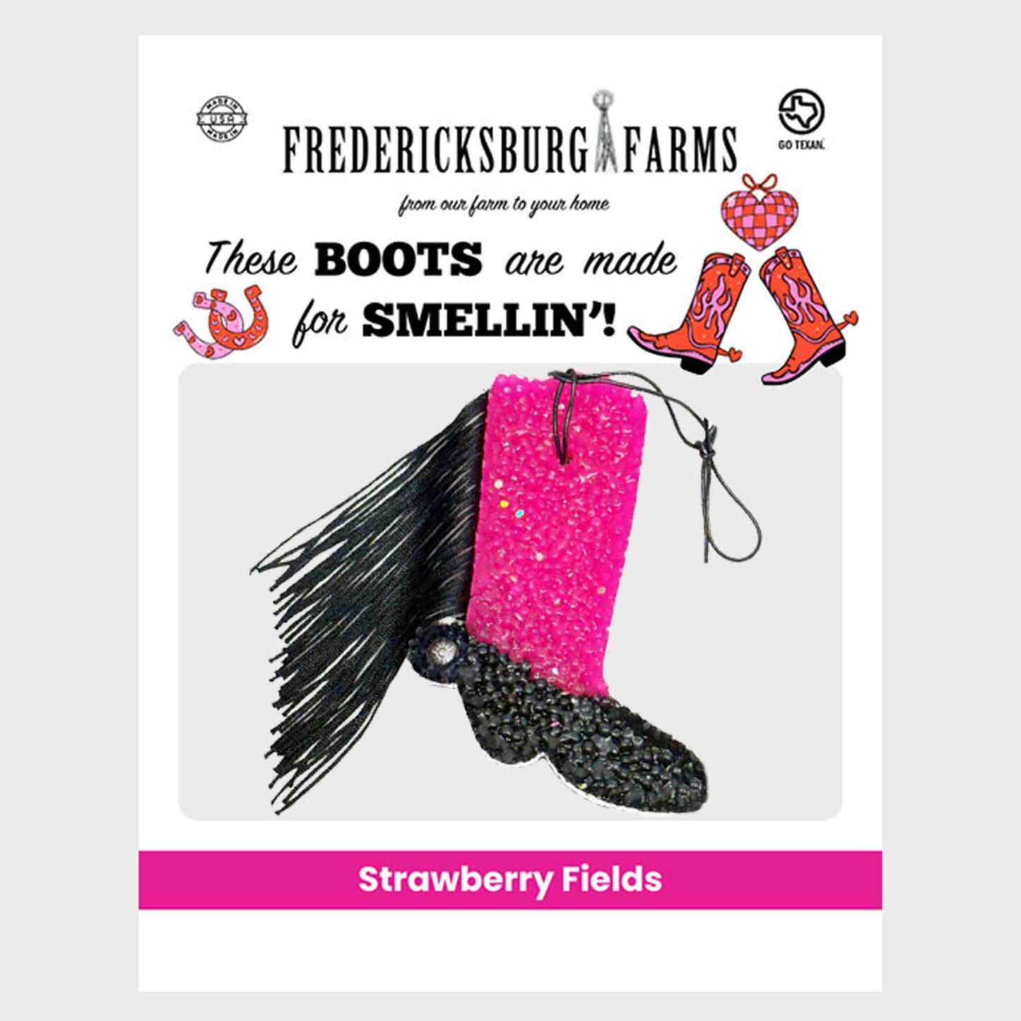 A product card for a Fredericksburg Farms die-cut sticker or decal featuring a single glittery pink boot with black fringe and a black boot toe. The card includes branding, decorative western-style graphics, and the text 'Strawberry Fields'.